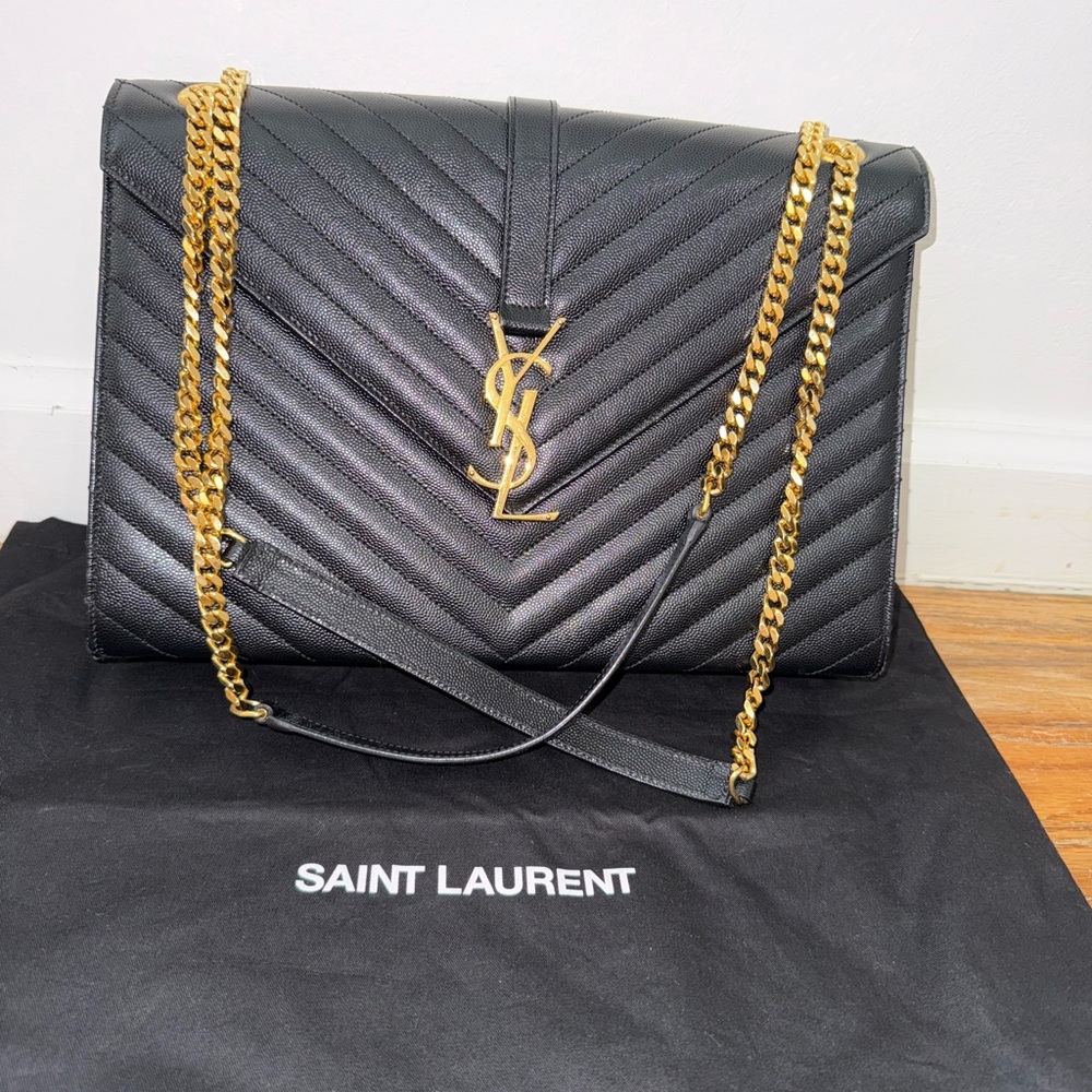 Saint Laurent Black and Gold Chevron Shoulder Bag